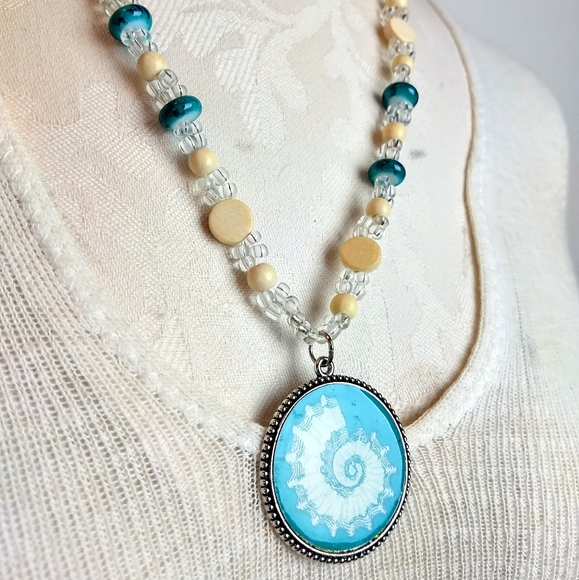 Piece #111 "Hear the Sea" Teal Handmade Sea Shell, Wood & Glass Jewelry Set - Picture 3 of 5